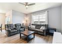 Open-concept living room with comfortable seating, a large window, and stylish decor at 4992 Trails Edge Ln, Castle Rock, CO 80104