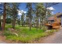 Lush green yard with mature trees surrounding a charming mountain home with a wooden deck and stone accents at 4835 Abo Ln, Monument, CO 80132