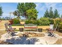 Cozy backyard firepit area surrounded by comfortable seating and lush greenery at 11784 Spruce Mountain Rd, Larkspur, CO 80118