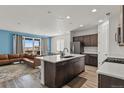 Open-concept kitchen flows to the living area and features a large island, stainless steel appliances, and modern finishes at 16099 Alberta Dr, Parker, CO 80134