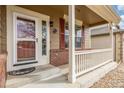 Inviting front porch featuring brick accents, white railings, and a decorative storm door, enhancing curb appeal at 1335 Galactic Pl, Castle Rock, CO 80108