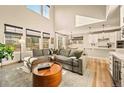 Bright living room featuring soaring ceilings, hardwood floors, and stylish modern furniture at 8378 Arapahoe Peak St, Littleton, CO 80125