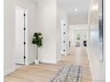 Bright hallway with wood floors, leading to a living room, featuring a decorative plant and modern rug at 5970 S Platte Canyon Dr, Littleton, CO 80123