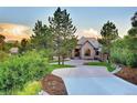 Beautiful home with a stone and brick facade, manicured lawn, and mature trees in a serene setting at 770 International Isle Dr, Castle Rock, CO 80108