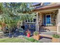 Inviting stone front porch with outdoor seating and well-maintained landscaping at 10914 W Coco Pl, Littleton, CO 80127