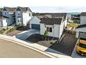 Aerial view of a well-manicured house with a gray garage door and minimal front yard landscaping at 4855 Saddle Iron Rd, Castle Rock, CO 80104