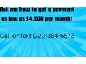Real estate advertisement with bold text promoting low monthly payments and a contact phone number at 7485 S Jackson Gap Way, Aurora, CO 80016