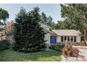 Charming home with a blue front door, stone accents, mature trees, and vibrant pink rose bushes in the front yard at 4821 W 102Nd Ave, Westminster, CO 80031
