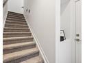 Carpeted staircase featuring a storage niche and white walls at 2036 S Holly St # 4, Denver, CO 80222