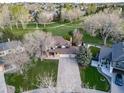 Aerial view of a home with an expansive yard, mature trees, and neighborhood in the background at 20838 Parliament Ct, Parker, CO 80138