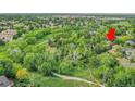 Aerial view of a home nestled among lush greenery, trails, and a pond in a quiet, suburban neighborhood at 3014 E Fremont Dr, Centennial, CO 80122