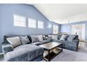 Bright living room with vaulted ceilings, ample natural light, and a comfortable gray sectional sofa at 9311 Amison Cir # 201, Parker, CO 80134