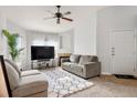 Comfortable living room featuring a ceiling fan, fireplace, large TV, and cozy seating at 5745 N Genoa Way # 306, Aurora, CO 80019