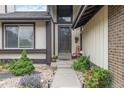 Close-up of the front entry with lovely plants, a chair, and a view of the stained front door at 3709 S Fairplay Way, Aurora, CO 80014