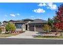 Charming single-story home with stone accents, landscaped front yard, and a wide driveway leading to a three-car garage at 7814 S Grand Baker Ct, Aurora, CO 80016