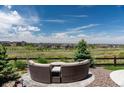 Lush and green backyard featuring a fire pit with cushioned seating and mature trees at 8761 S Wenatchee Ct, Aurora, CO 80016