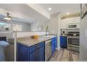 Modern kitchen featuring navy and white cabinets, stainless steel appliances, and an open view to the living area at 114 Vale St, Palmer Lake, CO 80133