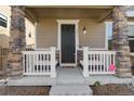 Inviting covered front porch with white railing and decorative stone pillars provides a warm welcome at 3011 Low Meadow Blvd, Castle Rock, CO 80109