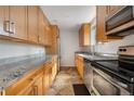 Modern kitchen with wood cabinets, stainless steel appliances, and granite countertops at 1243 N Washington St # 308, Denver, CO 80203