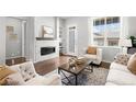 Bright living room with fireplace, built-in shelves, stylish furniture, and a large window at 3598 New Haven Cir, Castle Rock, CO 80109