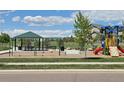 Neighborhood playground with swings, a slide, picnic tables and views of the mountains in the background at 6404 Dry Fork Dr, Frederick, CO 80516