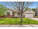 Well-manicured lawn surrounds this beautiful single-story home, complemented by mature shade trees at 741 Hallmark Ln, Longmont, CO 80504
