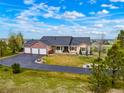 A beautiful exterior elevation showcasing the front of the home with a large driveway and manicured lawn at 34682 Stampede Cir, Elizabeth, CO 80107