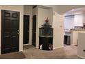 Entryway with black door, corner aquarium, and view into living area at 6845 S Webster St # E, Littleton, CO 80128