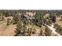 Expansive aerial view of a secluded home surrounded by lush green trees and a winding driveway at 8361 Piney Creek Rd, Parker, CO 80138