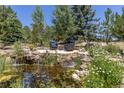 Outdoor patio features a stone waterfall, comfortable seating, and lovely landscaping, providing a serene retreat at 8361 Piney Creek Rd, Parker, CO 80138