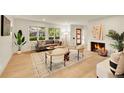 Bright and airy living room with fireplace, neutral decor, and large windows offering pleasant views of greenery at 3736 S Hibiscus Way, Denver, CO 80237