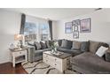 Cozy living room featuring a comfortable gray sectional sofa, decorative pillows, and stylish accents for relaxed living at 10121 Hudson Ct, Thornton, CO 80229