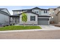 Inviting two-story home with gray siding, a covered porch, and a meticulously manicured front yard at 359 Rogers Way, Castle Rock, CO 80104