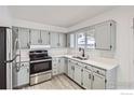 Updated kitchen with stainless steel appliances and light gray cabinets at 224 N 2Nd St, Berthoud, CO 80513