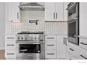 Modern kitchen boasts stainless steel appliances and white cabinetry at 30410 E 161St Ave, Brighton, CO 80603