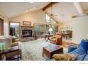 Bright living room with stone fireplace and views of the mountains at 302 Deer Trail Cir, Boulder, CO 80302