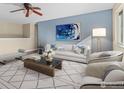 Bright living room with blue accent wall and light gray furniture at 18931 E Brunswick Pl, Aurora, CO 80013