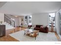 Inviting living room featuring hardwood floors, a comfortable leather sofa, and ample natural light at 7240 Clubhouse Rd, Boulder, CO 80301