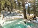 Scenic view of a steaming hot tub with surrounding snowy landscape and towering pine trees at 1170 Elk Valley Dr, Evergreen, CO 80439