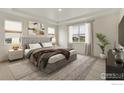 Spacious main bedroom featuring large windows, tray ceiling, and neutral tones at 1818 Sawtooth Mountain Dr, Berthoud, CO 80513
