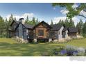 Expansive backyard view featuring a modern home with a stone chimney and open deck with outdoor seating at 2103 Scottsdale Rd, Berthoud, CO 80513