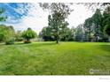 Spacious backyard with a well-manicured lawn, mature trees, and a trampoline, offering ample space for outdoor activities at 6146 S Fulton St, Englewood, CO 80111