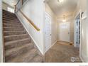 Inviting carpeted stairs and hallway with a charming front door and natural light, creating a warm entrance at 5482 Wetlands Dr, Frederick, CO 80504