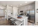 Modern kitchen with stainless steel appliances, large island, and stylish gray cabinets at 11 Chipeta Way, Lochbuie, CO 80603