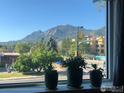 Beautiful mountain view from window featuring potted plants on windowsill at 1201 Balsam Ave # 203, Boulder, CO 80304