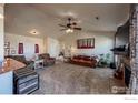 Spacious living room featuring neutral carpet, vaulted ceiling, a ceiling fan, and comfortable seating at 10752 County Road 7, Longmont, CO 80504