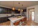 Modern kitchen featuring stainless steel appliances, a large island with seating, and elegant pendant lighting at 15325 W 93Rd Ave, Arvada, CO 80007