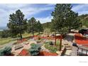 Serene backyard landscaping with lush trees, stone pathways, and charming garden accents at 15757 Mossrock Ct, Longmont, CO 80503