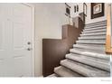 Inviting entryway featuring a staircase with carpeted steps and a contrasting brown accent wall at 122 Whitehaven Cir, Highlands Ranch, CO 80129