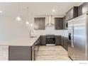 Contemporary kitchen featuring stainless steel appliances, sleek cabinetry, and a center island at 2754 Bear Springs Cir, Longmont, CO 80503